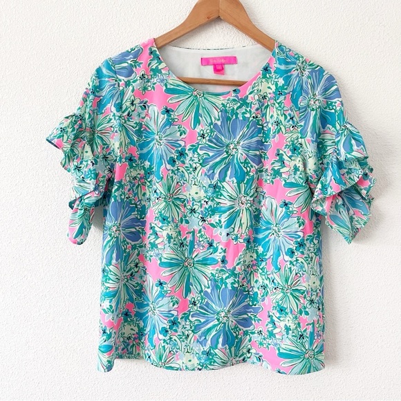 Lilly Pulitzer Darlah Lileeze Soleil Pink Good Hare Day Floral Blouse - Picture 2 of 8